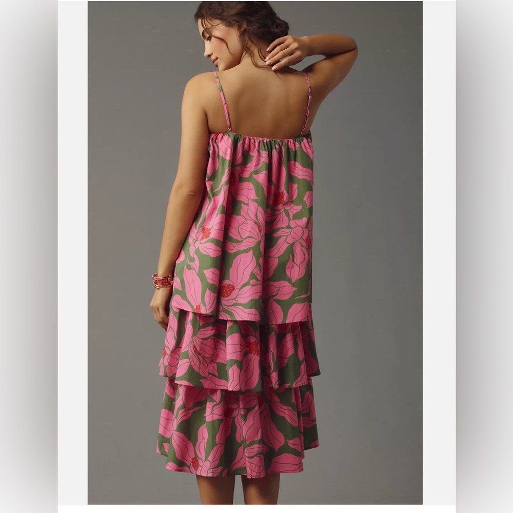 Anthropologie Corey Lynn Calter Pink Floral Tiered Midi Dress Tie Shoulder Large - Picture 3 of 7